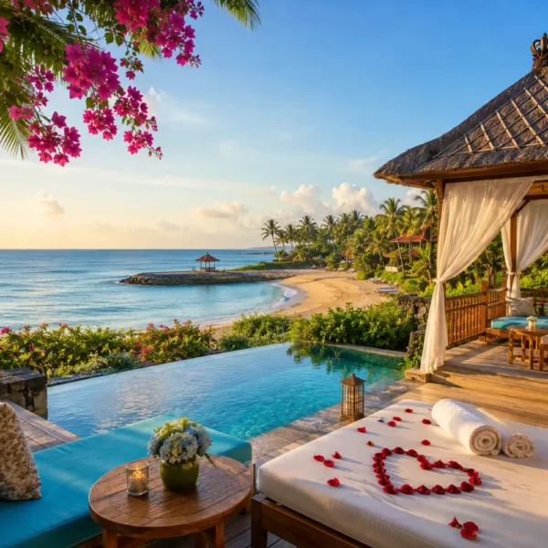 Nusa Dua Bali honeymoon beach with luxury resort villas, turquoise water, tropical palms, and bright morning atmosphere.