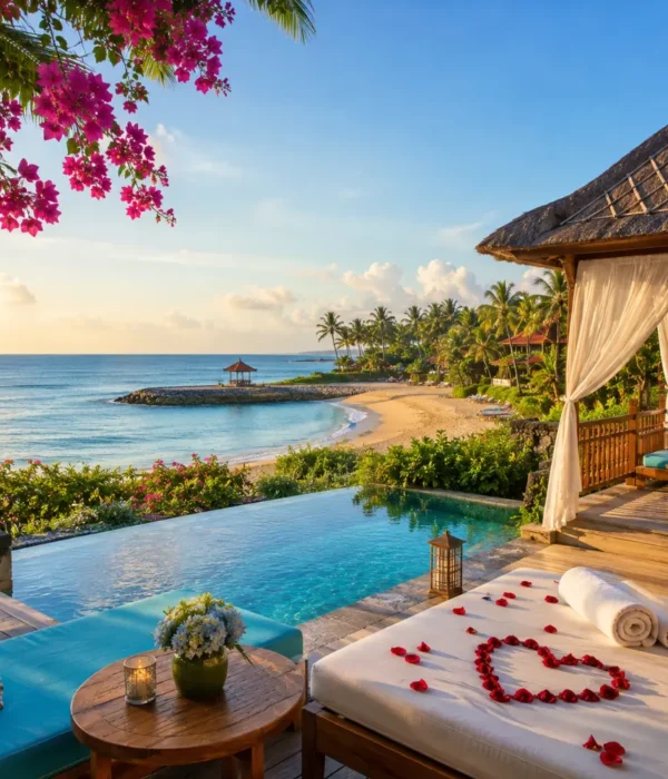 Nusa Dua Bali honeymoon beach with luxury resort villas, turquoise water, tropical palms, and bright morning atmosphere.