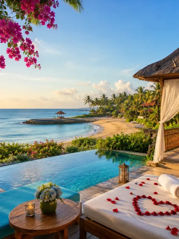 Nusa Dua Bali honeymoon beach with luxury resort villas, turquoise water, tropical palms, and bright morning atmosphere.