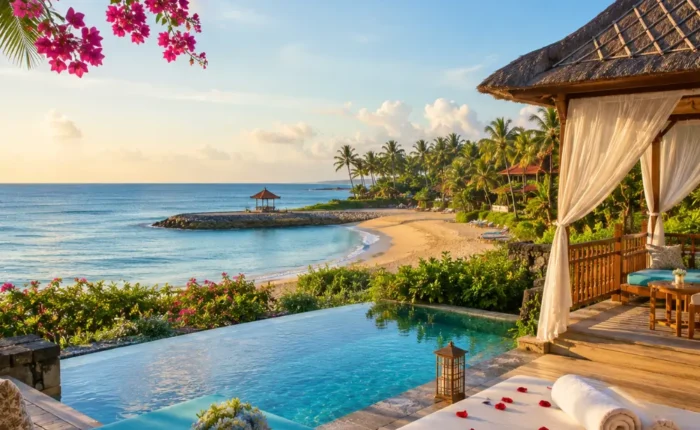Nusa Dua Bali honeymoon beach with luxury resort villas, turquoise water, tropical palms, and bright morning atmosphere.