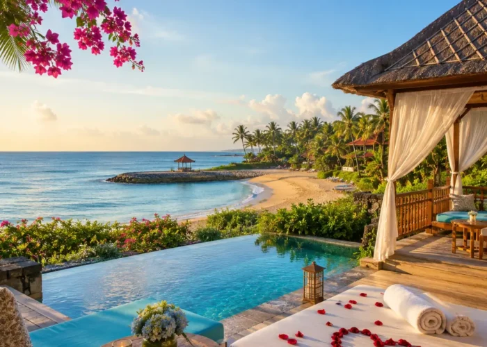 Nusa Dua Bali honeymoon beach with luxury resort villas, turquoise water, tropical palms, and bright morning atmosphere.