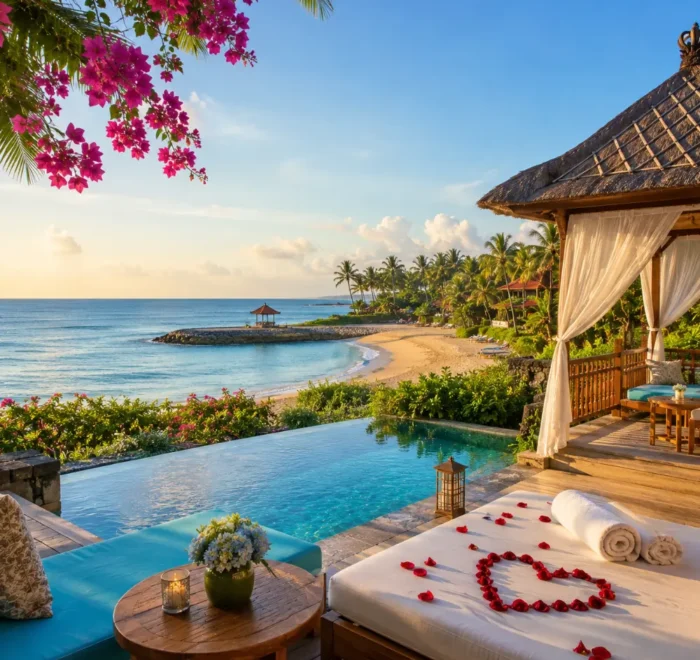 Nusa Dua Bali honeymoon beach with luxury resort villas, turquoise water, tropical palms, and bright morning atmosphere.