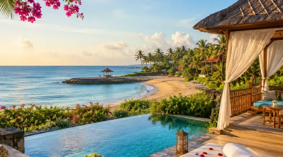 Nusa Dua Bali honeymoon beach with luxury resort villas, turquoise water, tropical palms, and bright morning atmosphere.