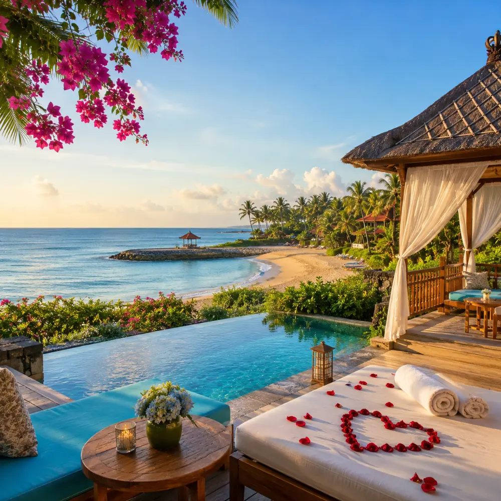 Nusa Dua Bali honeymoon beach with luxury resort villas, turquoise water, tropical palms, and bright morning atmosphere.