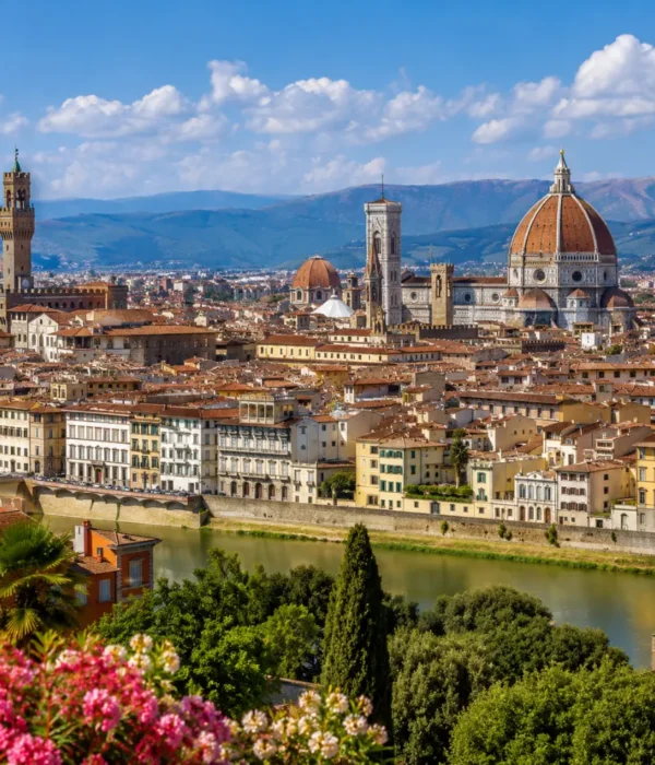 Florence Italy with Duomo cathedral, historic rooftops, Arno River views, and bright morning European atmosphere.