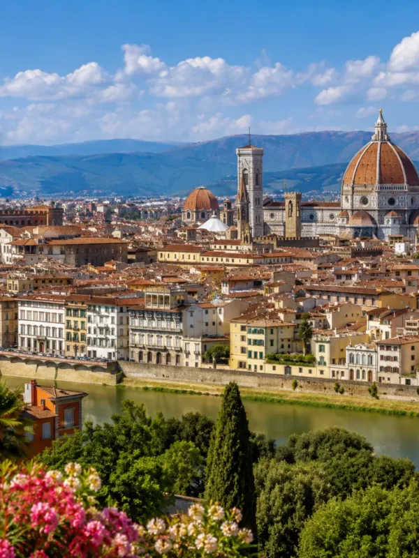 Florence Italy with Duomo cathedral, historic rooftops, Arno River views, and bright morning European atmosphere.