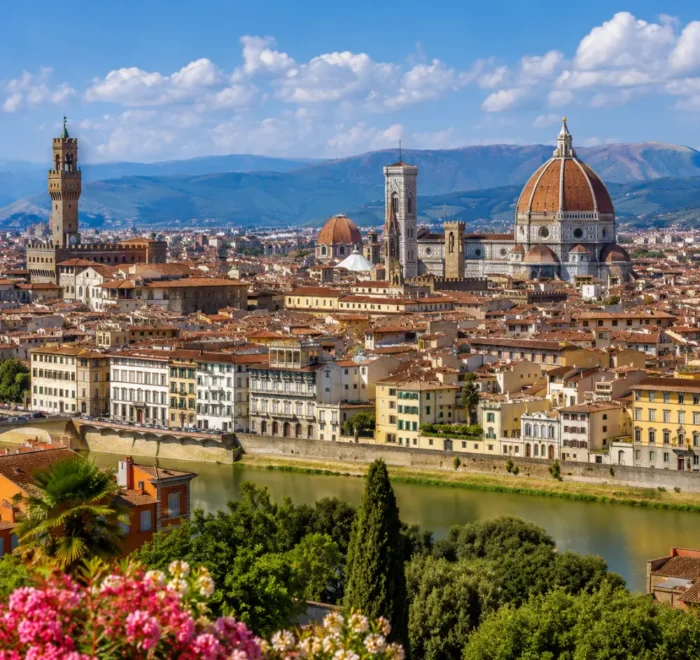 Florence Italy with Duomo cathedral, historic rooftops, Arno River views, and bright morning European atmosphere.