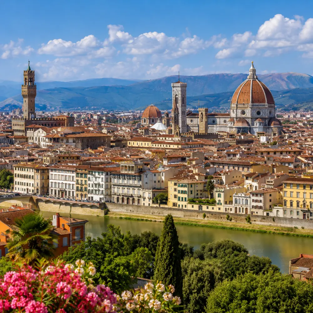 Florence Italy with Duomo cathedral, historic rooftops, Arno River views, and bright morning European atmosphere.