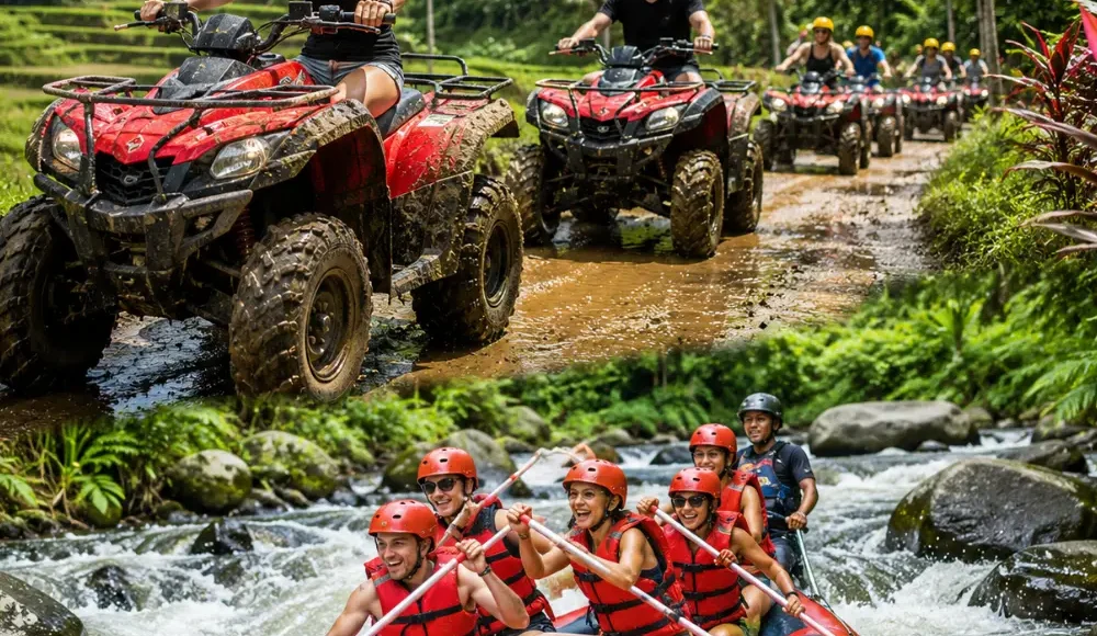 Bali ATV ride and Ayung River rafting adventure with jungle trails, flowing river, and bright morning atmosphere.