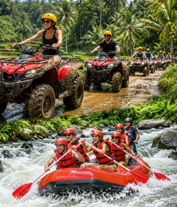 Bali ATV ride and Ayung River rafting adventure with jungle trails, flowing river, and bright morning atmosphere.
