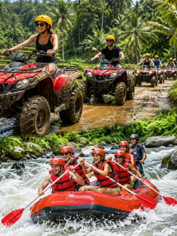 Bali ATV ride and Ayung River rafting adventure with jungle trails, flowing river, and bright morning atmosphere.