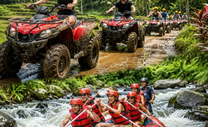 Bali ATV ride and Ayung River rafting adventure with jungle trails, flowing river, and bright morning atmosphere.