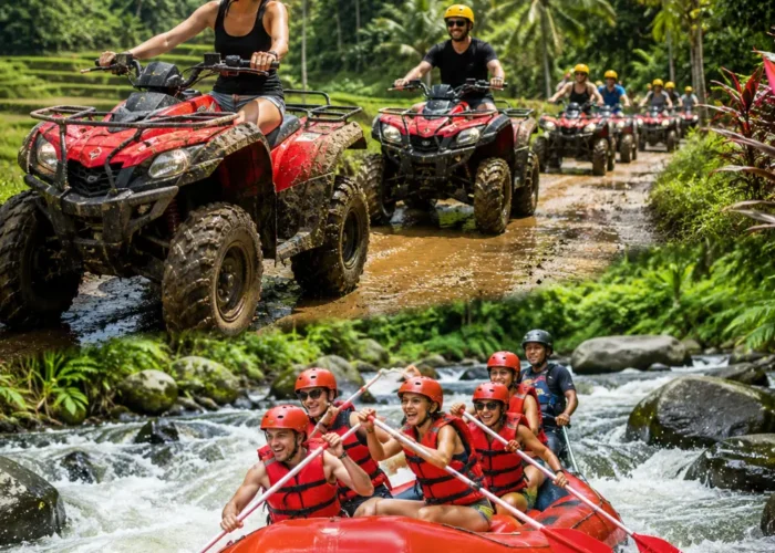 Bali ATV ride and Ayung River rafting adventure with jungle trails, flowing river, and bright morning atmosphere.
