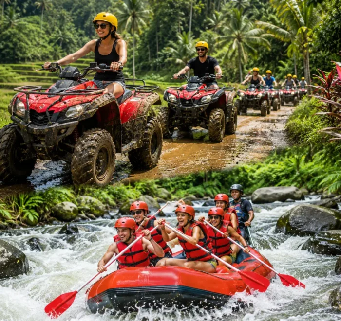 Bali ATV ride and Ayung River rafting adventure with jungle trails, flowing river, and bright morning atmosphere.