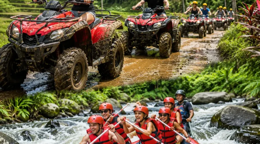 Bali ATV ride and Ayung River rafting adventure with jungle trails, flowing river, and bright morning atmosphere.