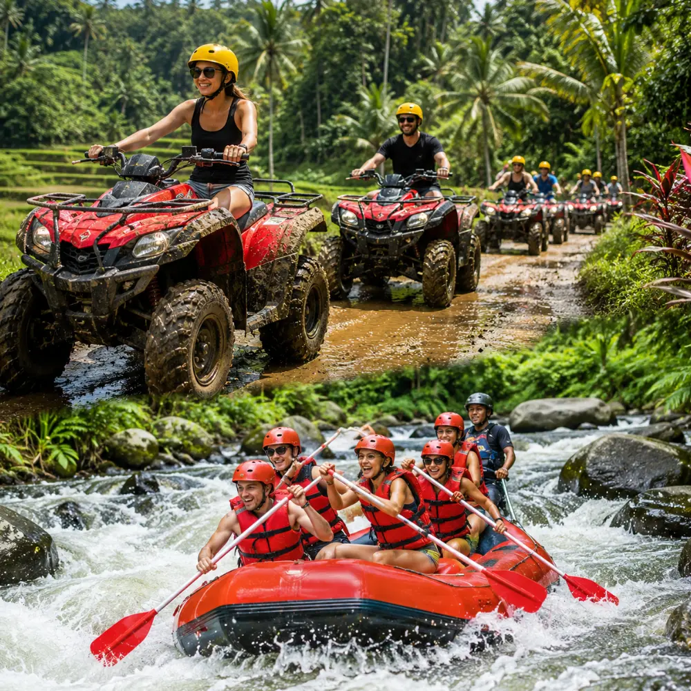 Bali ATV ride and Ayung River rafting adventure with jungle trails, flowing river, and bright morning atmosphere.