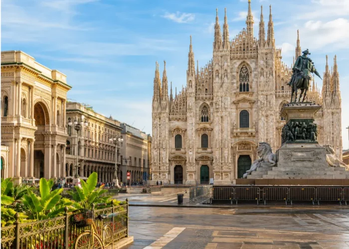 Milan Italy with Duomo Cathedral, elegant city square, luxury shopping streets, and bright morning atmosphere.