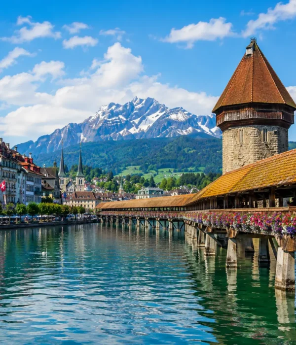 Lucerne city tour with Chapel Bridge, Lake Lucerne, Swiss Alps, historic buildings, and bright morning atmosphere.
