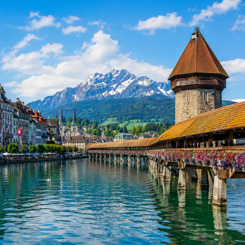 Lucerne city tour with Chapel Bridge, Lake Lucerne, Swiss Alps, historic buildings, and bright morning atmosphere.
