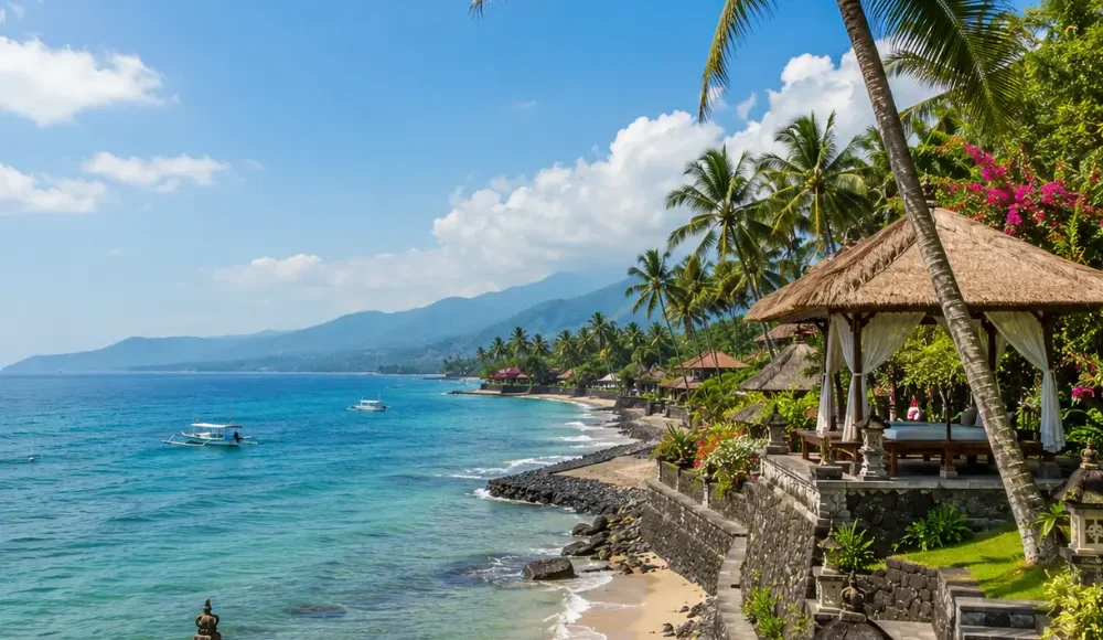 Candidasa Bali with peaceful coastline, turquoise sea, tropical palms, and bright morning island atmosphere.