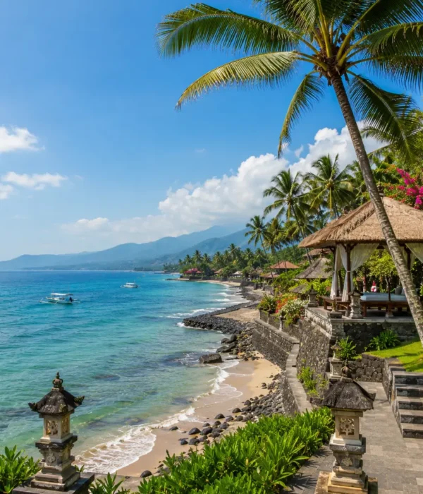 Candidasa Bali with peaceful coastline, turquoise sea, tropical palms, and bright morning island atmosphere.