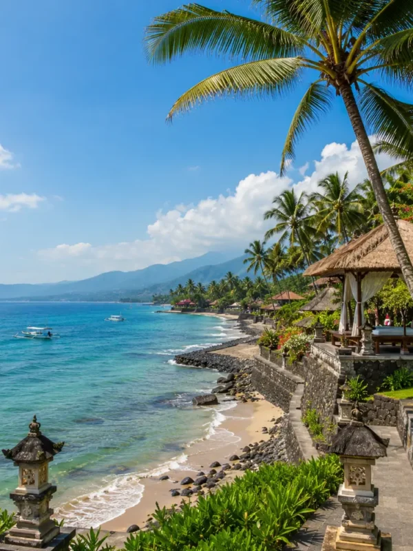 Candidasa Bali with peaceful coastline, turquoise sea, tropical palms, and bright morning island atmosphere.