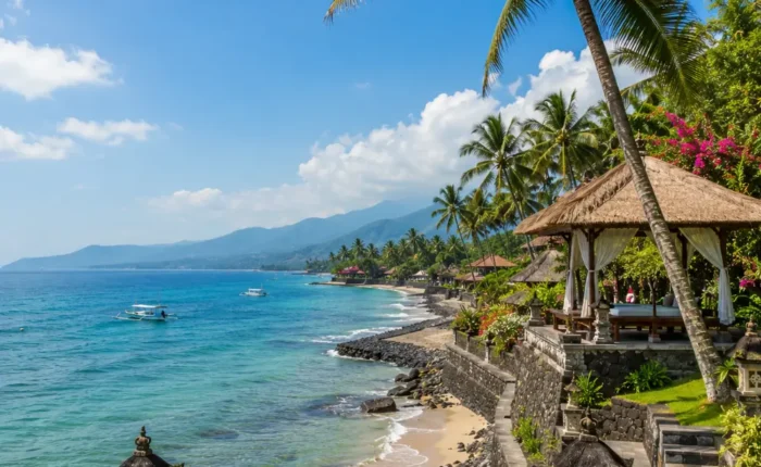 Candidasa Bali with peaceful coastline, turquoise sea, tropical palms, and bright morning island atmosphere.