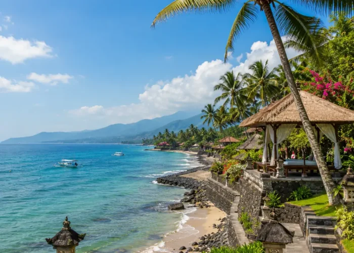Candidasa Bali with peaceful coastline, turquoise sea, tropical palms, and bright morning island atmosphere.