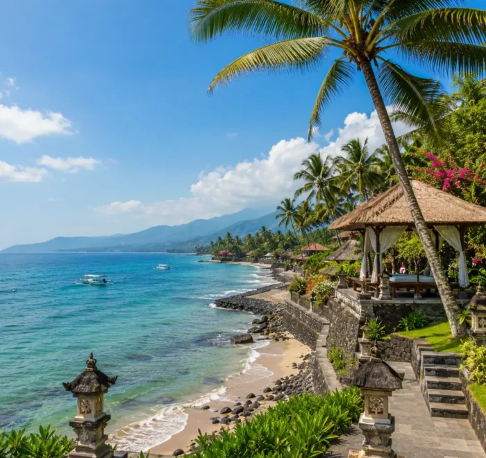 Candidasa Bali with peaceful coastline, turquoise sea, tropical palms, and bright morning island atmosphere.