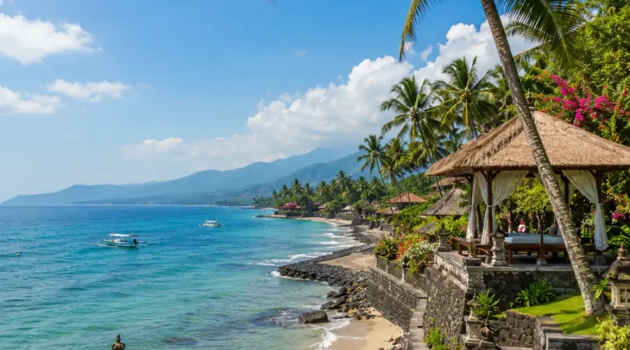 Candidasa Bali with peaceful coastline, turquoise sea, tropical palms, and bright morning island atmosphere.