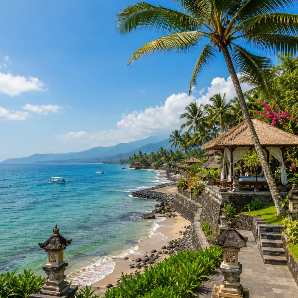 Candidasa Bali with peaceful coastline, turquoise sea, tropical palms, and bright morning island atmosphere.