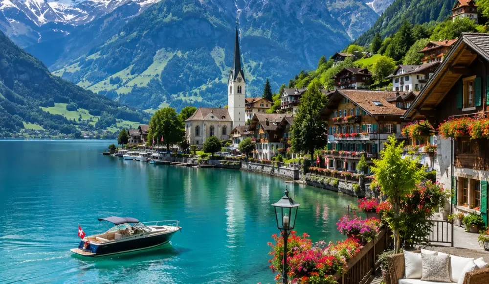 Switzerland honeymoon tour with alpine lake, luxury chalet, snow-capped mountains, and bright morning atmosphere.