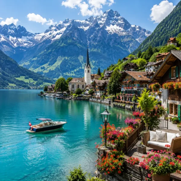 Switzerland honeymoon tour with alpine lake, luxury chalet, snow-capped mountains, and bright morning atmosphere.