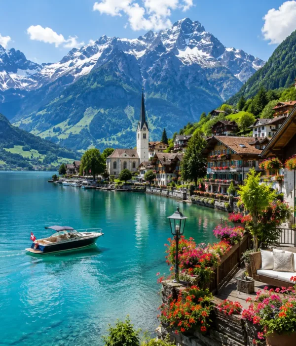 Switzerland honeymoon tour with alpine lake, luxury chalet, snow-capped mountains, and bright morning atmosphere.