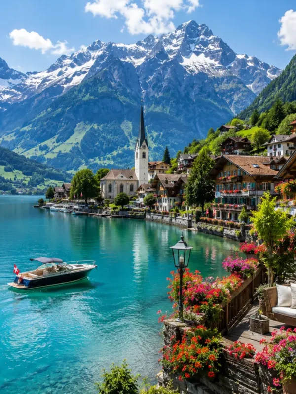 Switzerland honeymoon tour with alpine lake, luxury chalet, snow-capped mountains, and bright morning atmosphere.