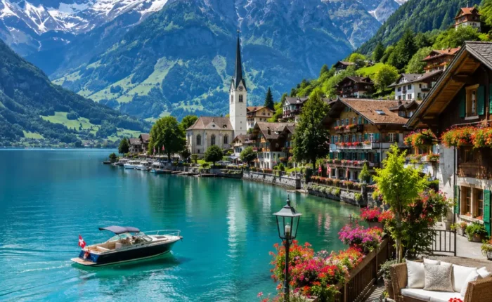 Switzerland honeymoon tour with alpine lake, luxury chalet, snow-capped mountains, and bright morning atmosphere.