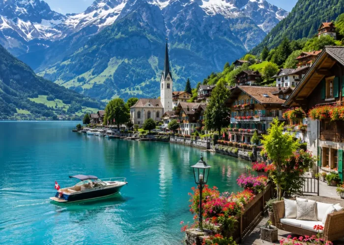Switzerland honeymoon tour with alpine lake, luxury chalet, snow-capped mountains, and bright morning atmosphere.