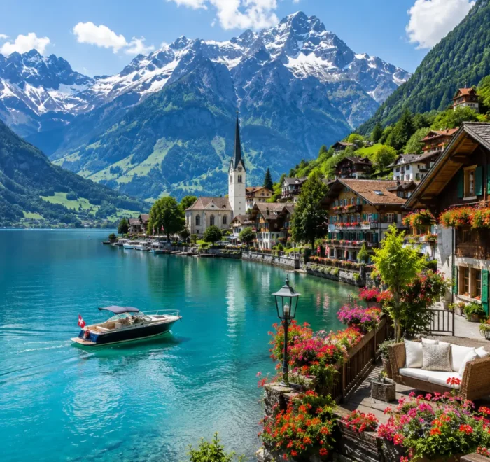 Switzerland honeymoon tour with alpine lake, luxury chalet, snow-capped mountains, and bright morning atmosphere.