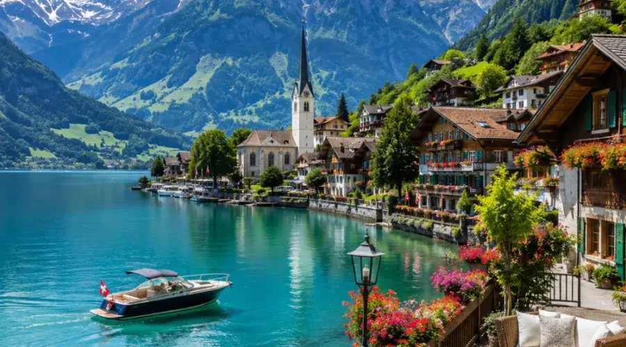 Switzerland honeymoon tour with alpine lake, luxury chalet, snow-capped mountains, and bright morning atmosphere.
