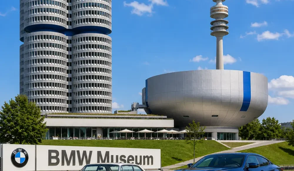 BMW Museum and Munich city tour with futuristic architecture, premium cars, modern skyline, and bright morning atmosphere.