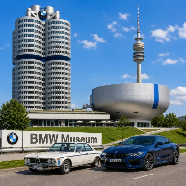 BMW Museum and Munich city tour with futuristic architecture, premium cars, modern skyline, and bright morning atmosphere.