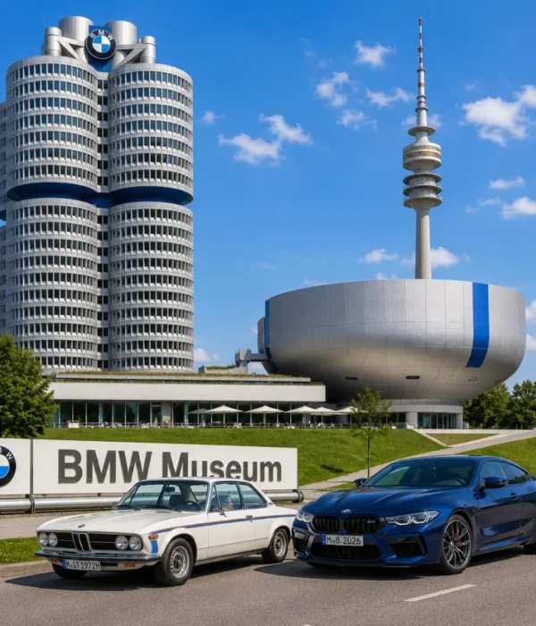 BMW Museum and Munich city tour with futuristic architecture, premium cars, modern skyline, and bright morning atmosphere.