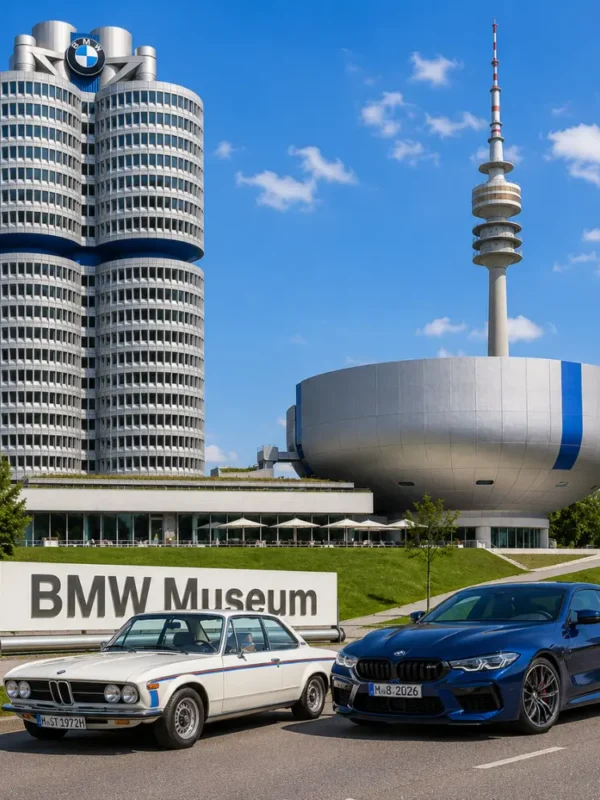 BMW Museum and Munich city tour with futuristic architecture, premium cars, modern skyline, and bright morning atmosphere.