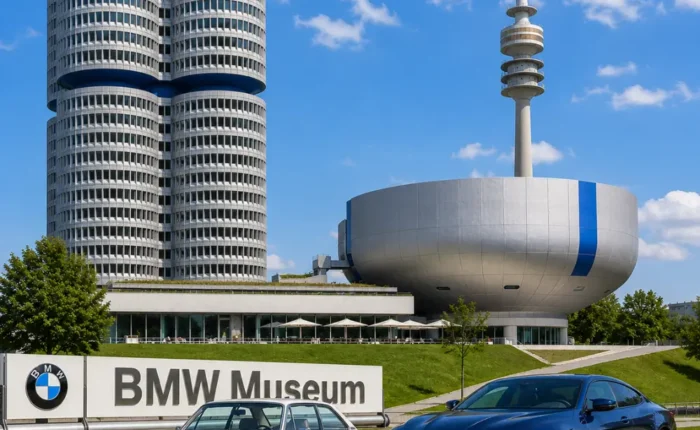 BMW Museum and Munich city tour with futuristic architecture, premium cars, modern skyline, and bright morning atmosphere.