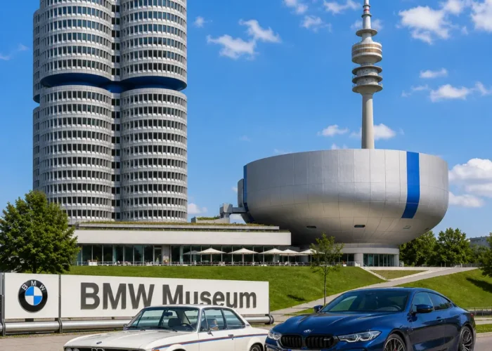 BMW Museum and Munich city tour with futuristic architecture, premium cars, modern skyline, and bright morning atmosphere.