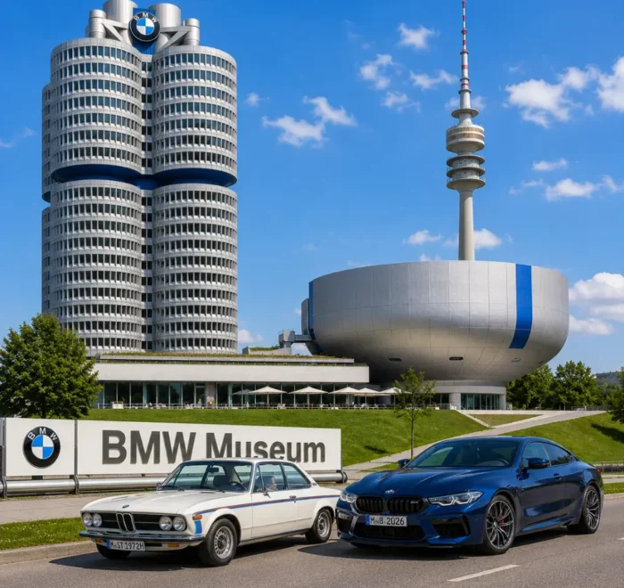 BMW Museum and Munich city tour with futuristic architecture, premium cars, modern skyline, and bright morning atmosphere.