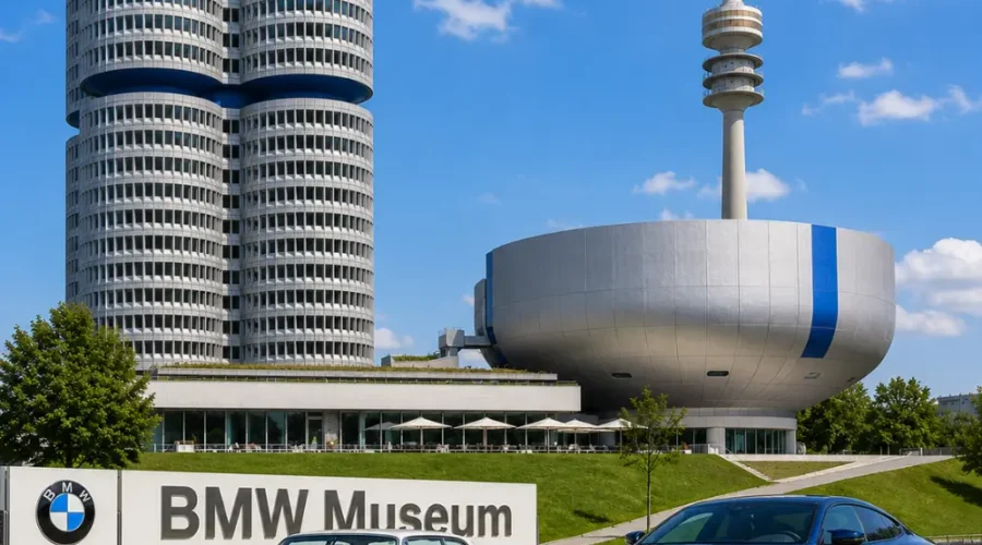 BMW Museum and Munich city tour with futuristic architecture, premium cars, modern skyline, and bright morning atmosphere.