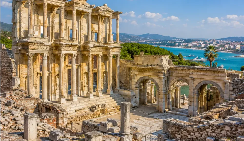 Ephesus and Kusadasi Turkey with ancient Roman ruins, Aegean coastal views, and bright morning atmosphere.