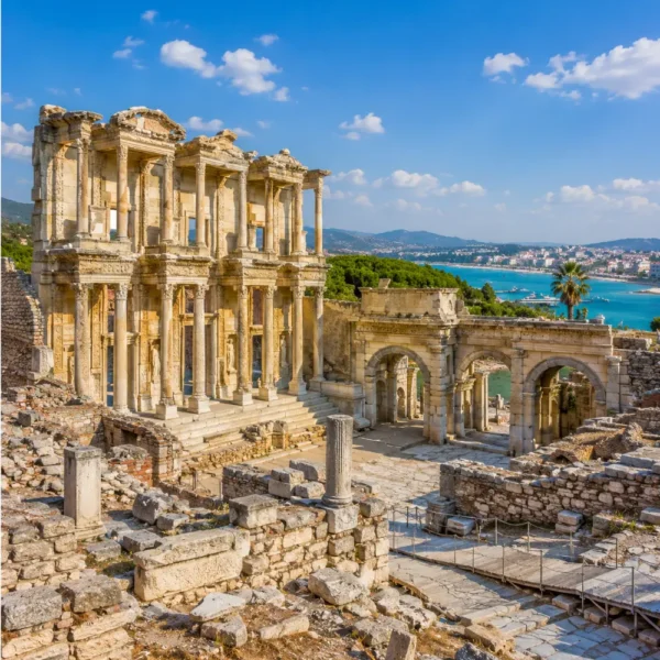 Ephesus and Kusadasi Turkey with ancient Roman ruins, Aegean coastal views, and bright morning atmosphere.