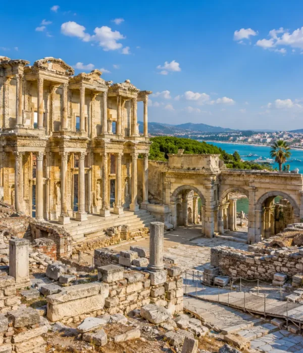 Ephesus and Kusadasi Turkey with ancient Roman ruins, Aegean coastal views, and bright morning atmosphere.